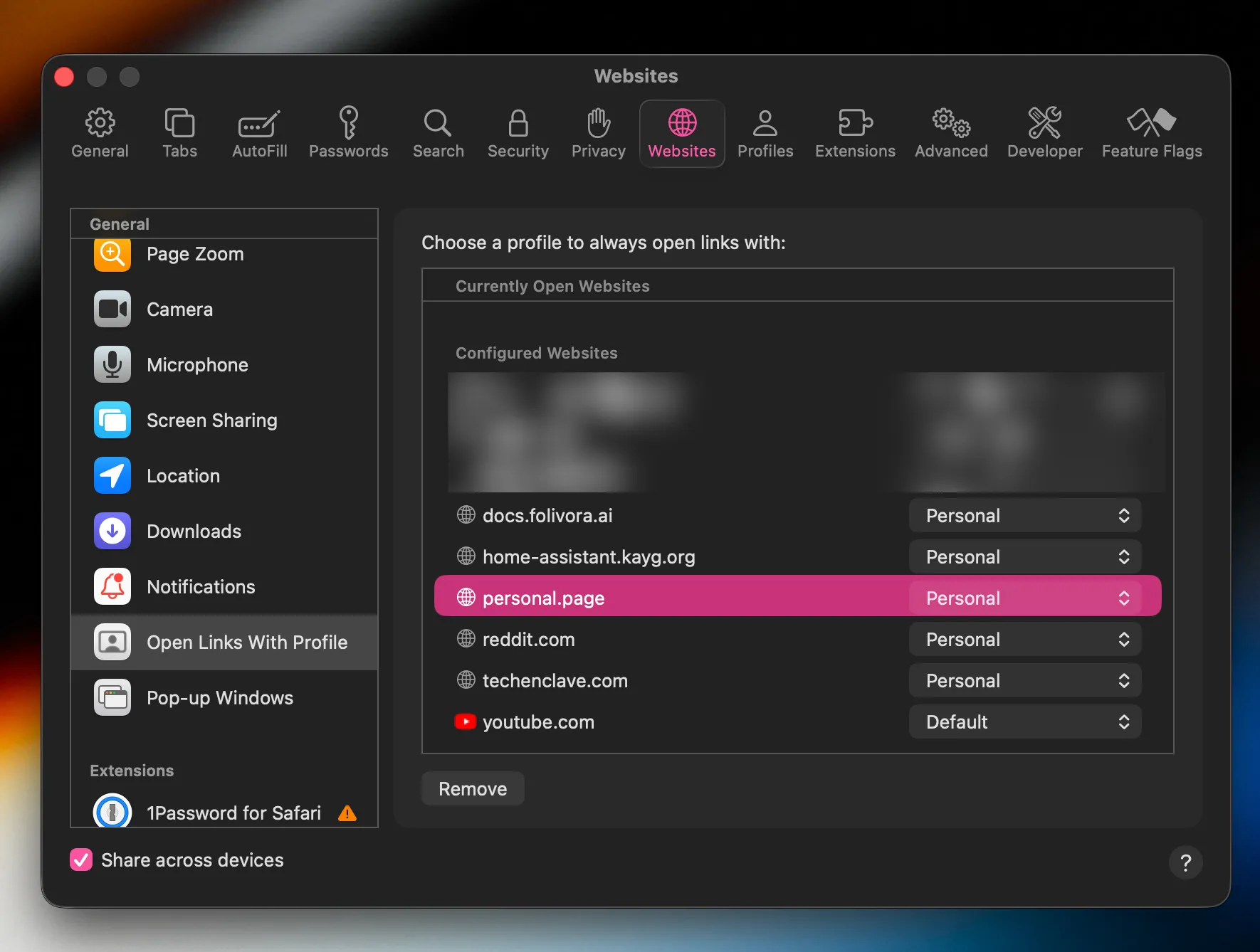 Safari Settings for Open Links with Profile